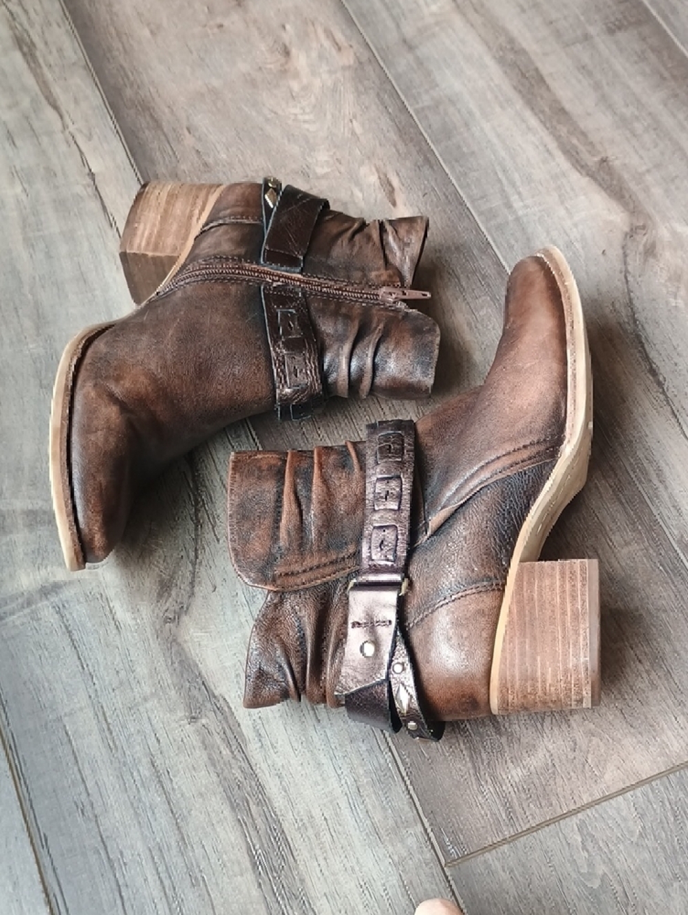 Earth Brown Distressed Leather Ankle Boots with Buckle Strap - Picture 11 of 11